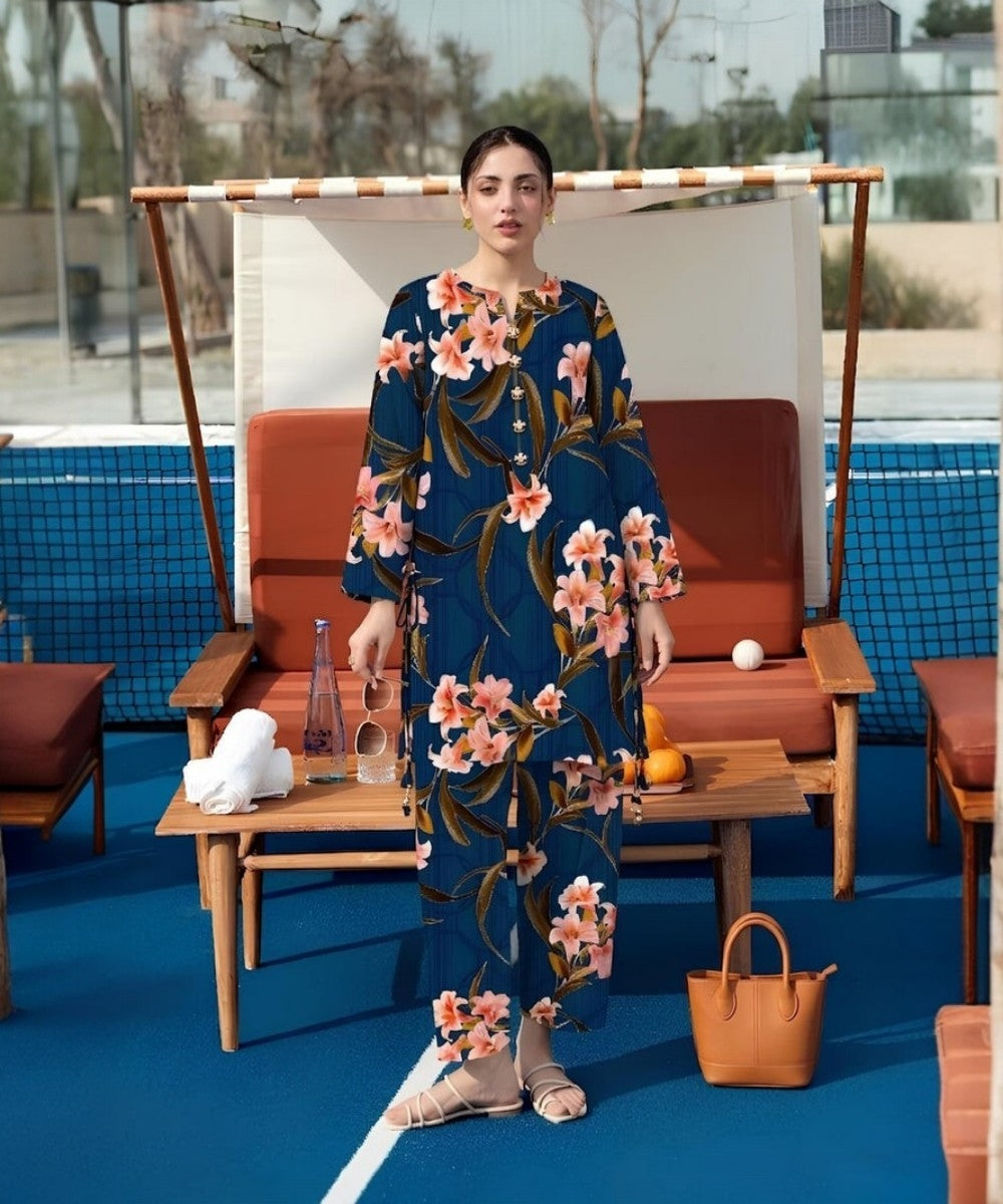 Bareeze Navy Blue Printed 2-Piece Suit