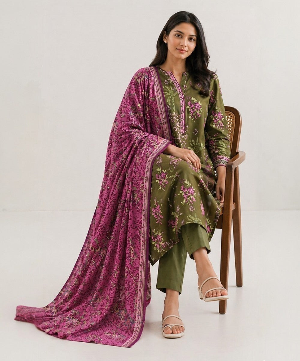 Saya Olive Bloom 3 Piece Printed Lawn Suit