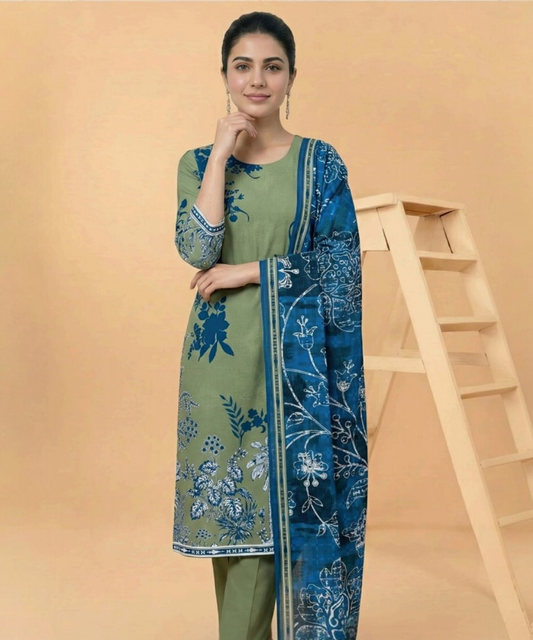 Motifz 3 Piece Printed Lawn – Elegant Green Floral Suit