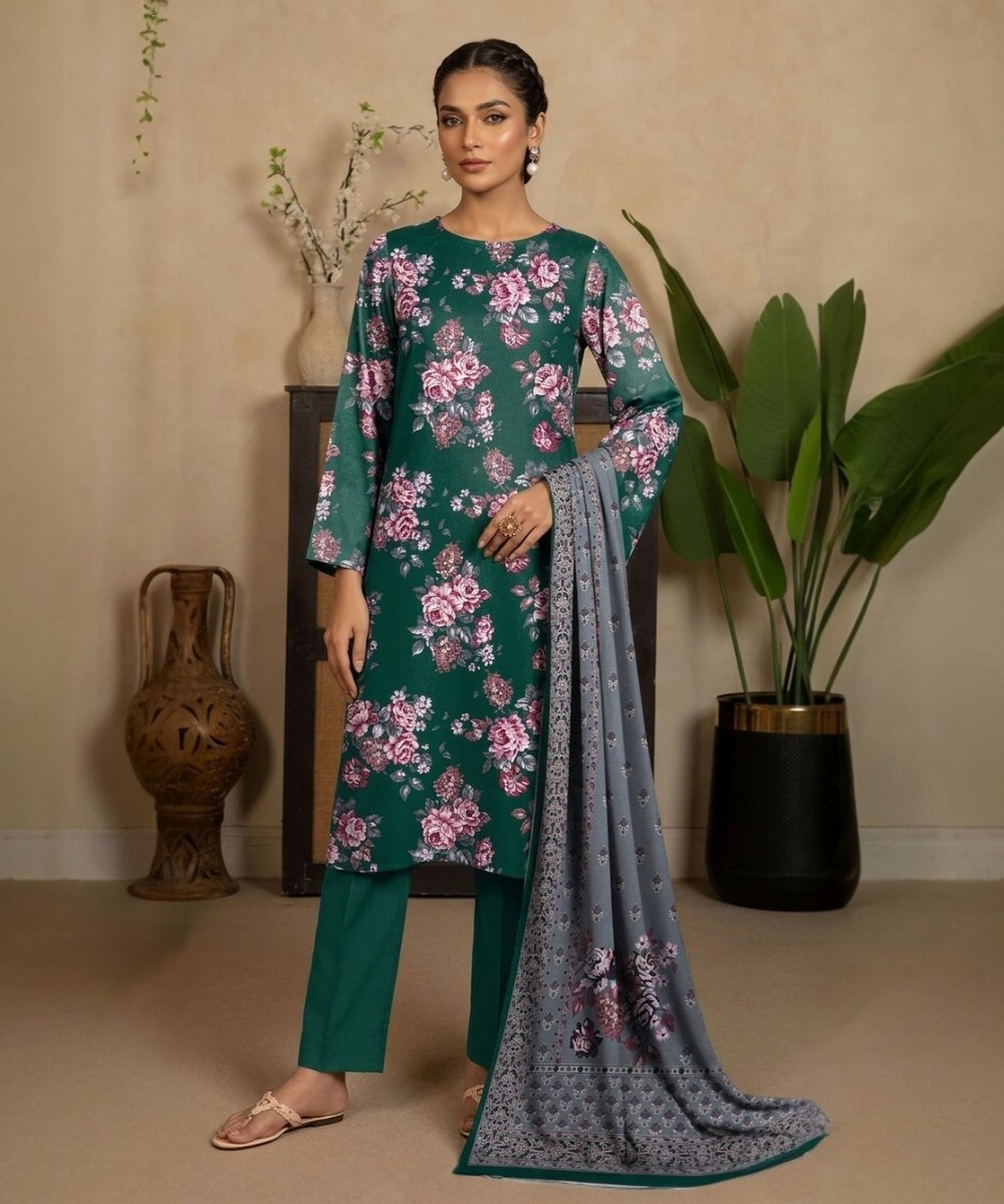 Elegant Floral Printed Lawn Suit in Emerald Green