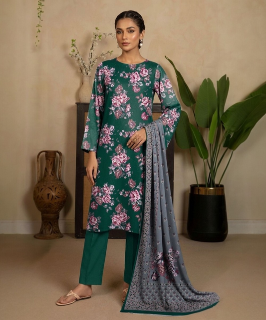 Elegant Floral Printed Lawn Suit in Emerald Green