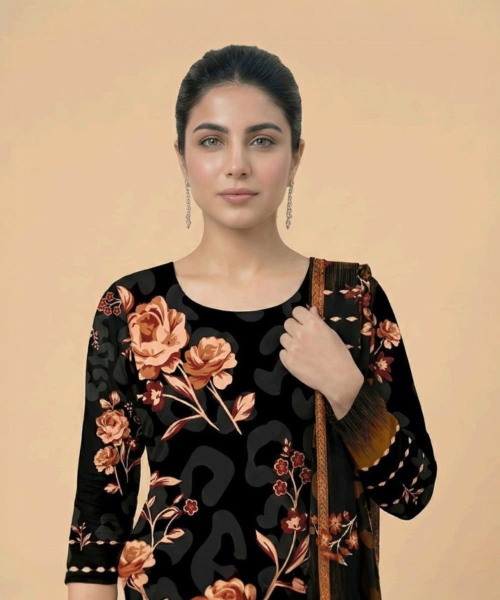 Motifz 3 Piece Printed Lawn – Elegant Black Floral Suit