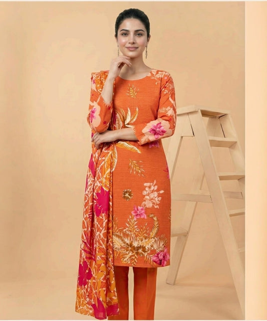 Motifz 3 Piece Printed Lawn – Elegant  Orange  Floral Suit
