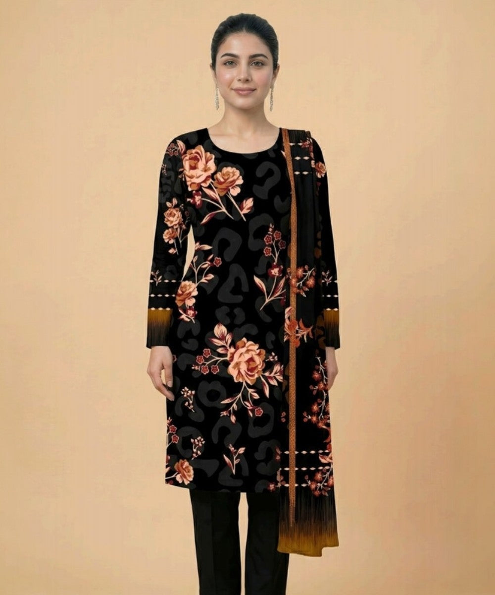 Motifz 3 Piece Printed Lawn – Elegant Black Floral Suit