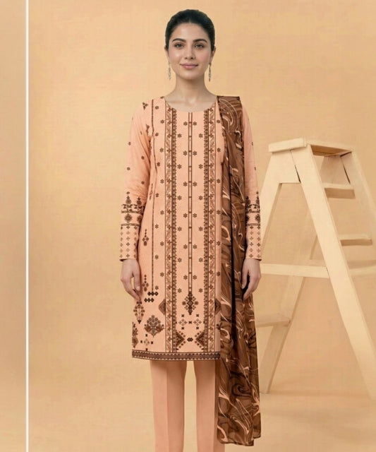 Motifz 3 Piece Printed Lawn – Elegant Beige Floral Suit