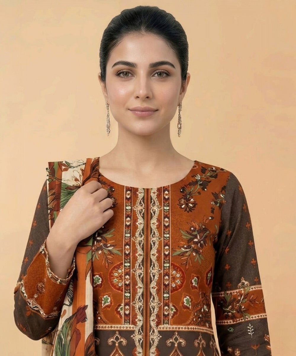 Motifz 3 Piece Printed Lawn – Elegant Brown Floral Suit