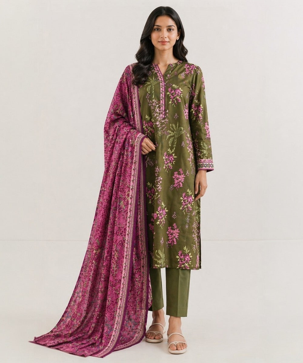 Saya Olive Bloom 3 Piece Printed Lawn Suit