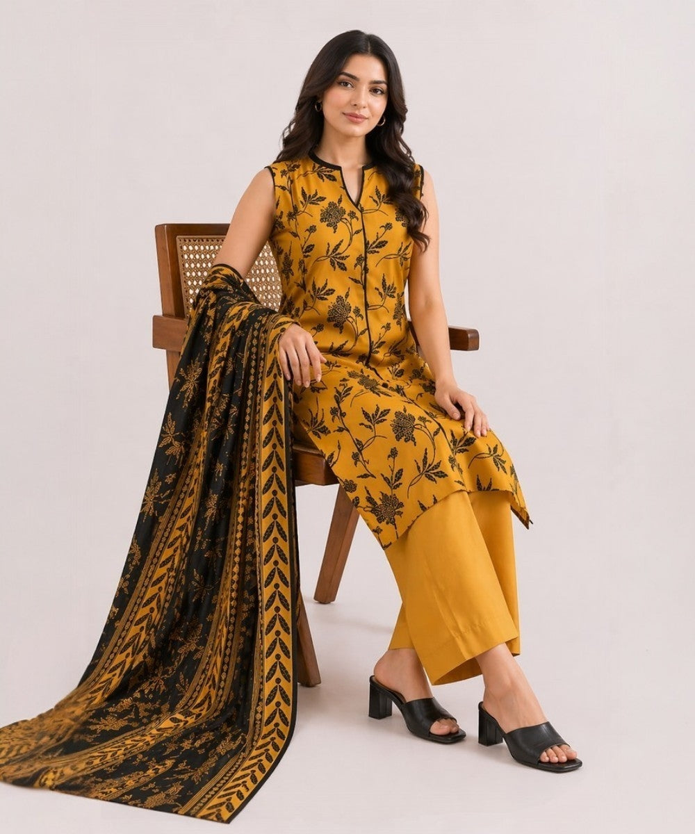 Saya Yellow 3 Piece Printed Lawn Suit