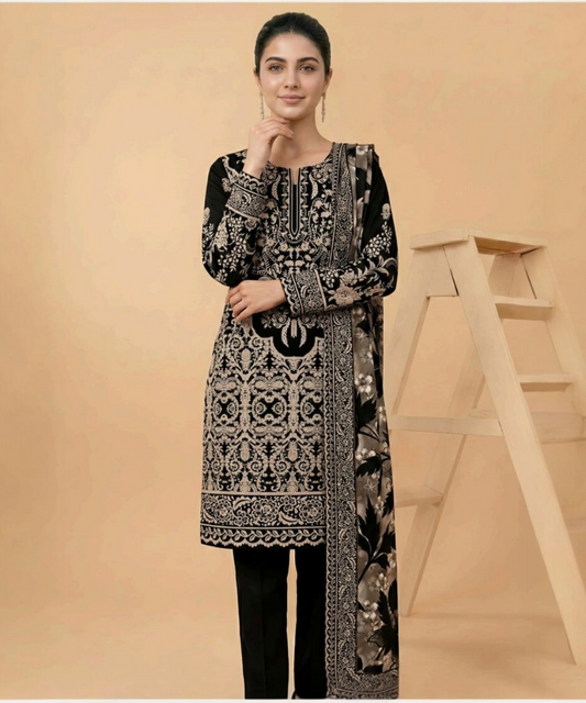 Motifz 3 Piece Printed Lawn – Elegant Black Floral Suit
