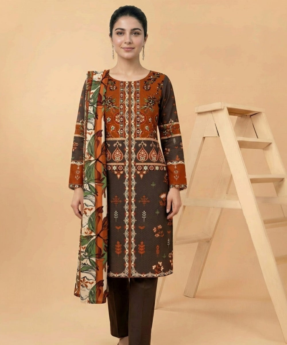 Motifz 3 Piece Printed Lawn – Elegant Brown Floral Suit