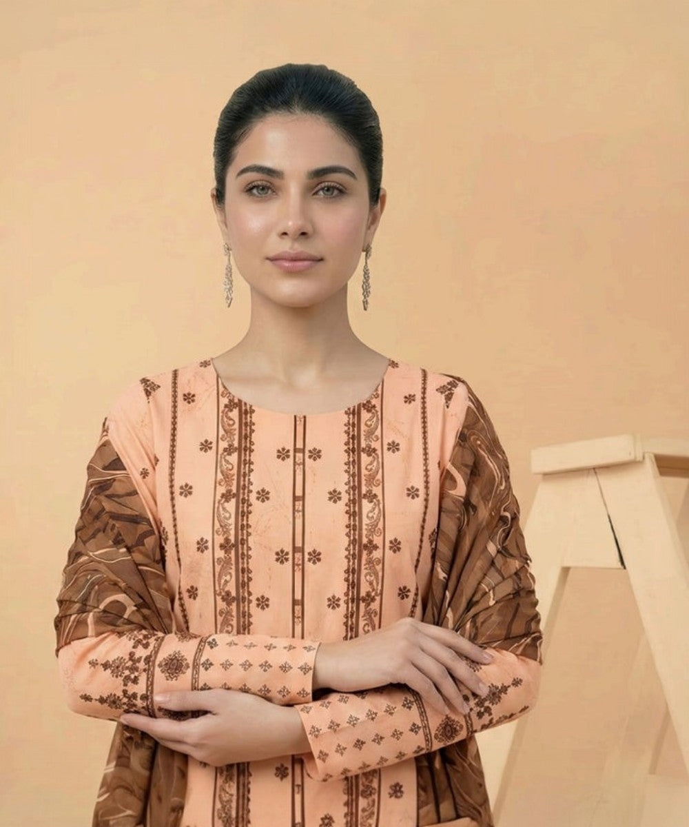 Motifz 3 Piece Printed Lawn – Elegant Beige Floral Suit