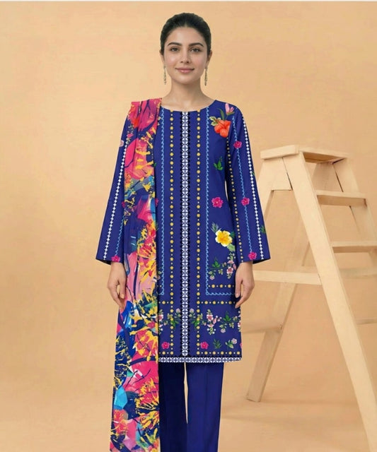 Motifz 3 Piece Printed Lawn – Elegant Blue Floral Suit