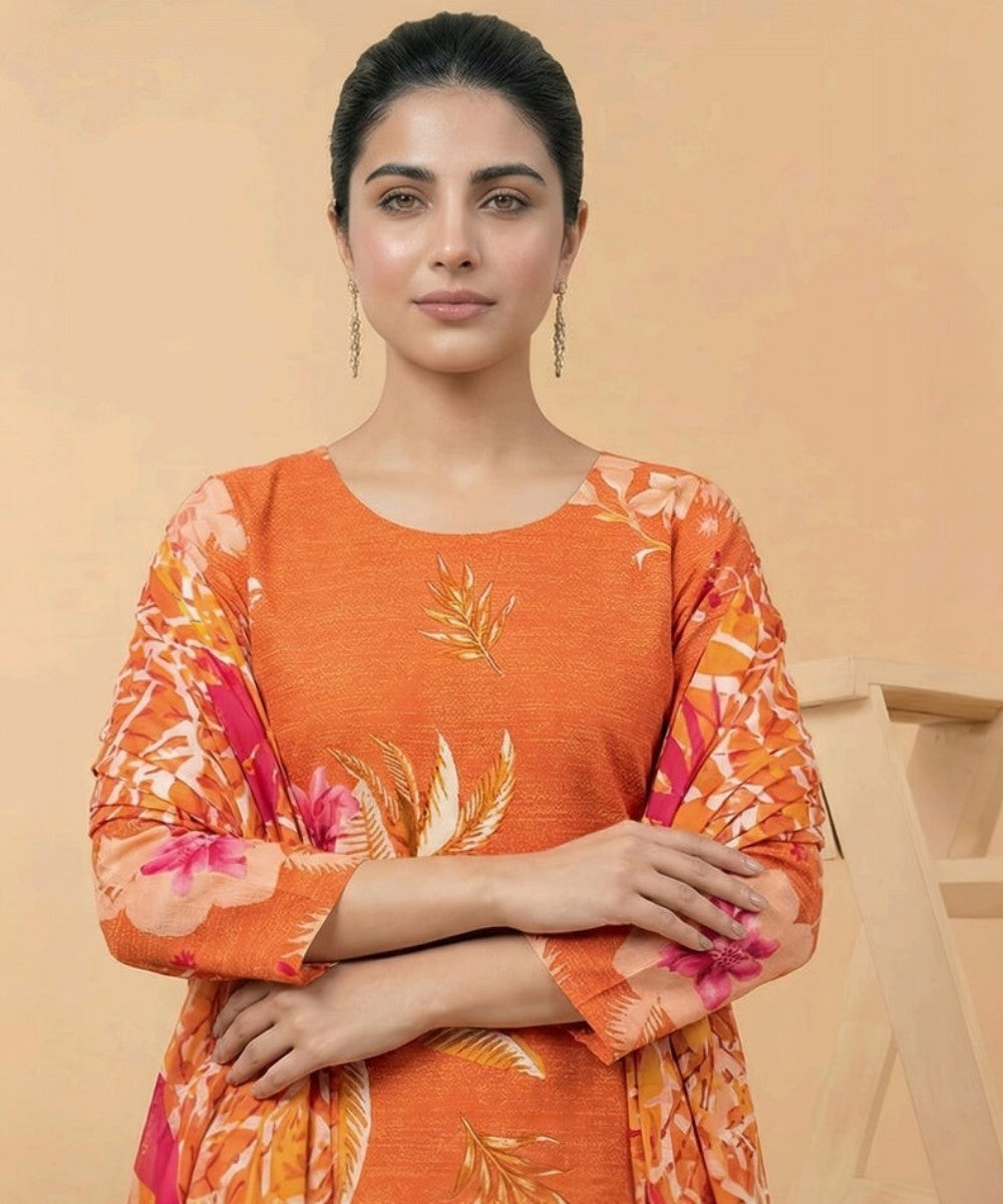 Motifz 3 Piece Printed Lawn – Elegant  Orange  Floral Suit