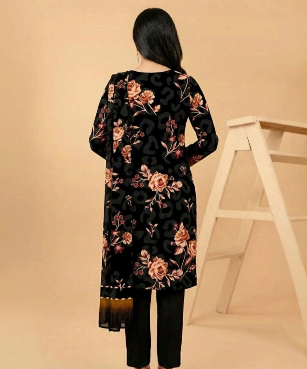 Motifz 3 Piece Printed Lawn – Elegant Black Floral Suit