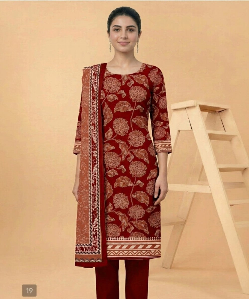 Motifz 3 Piece Printed Lawn – Elegant Red Floral Suit