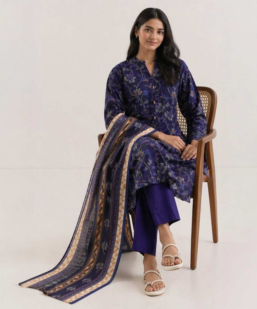 Saya Navy Blue 3 Piece Printed Lawn Suit