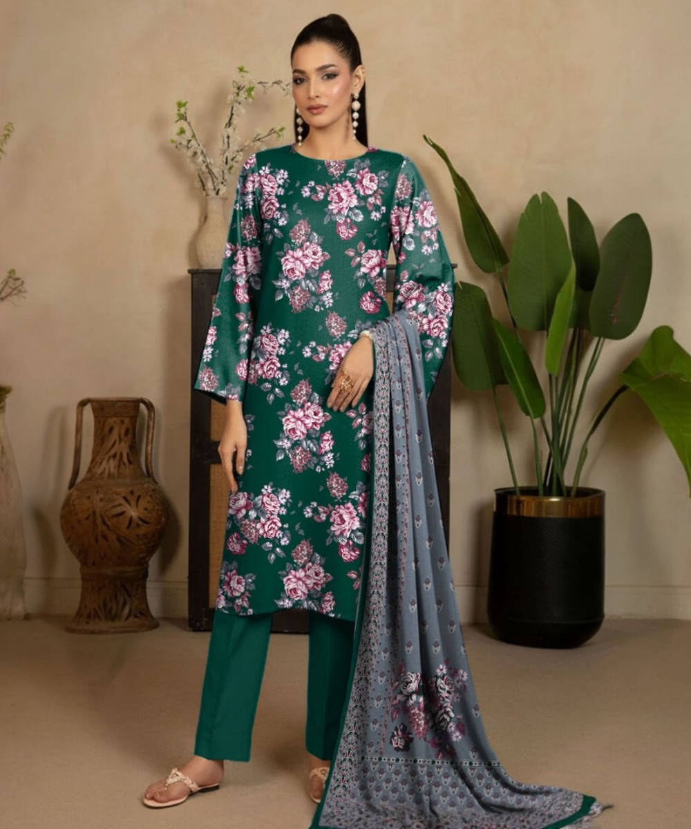 Elegant Floral Printed Lawn Suit in Emerald Green