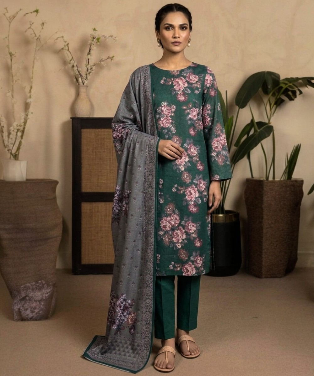 Elegant Floral Printed Lawn Suit in Emerald Green