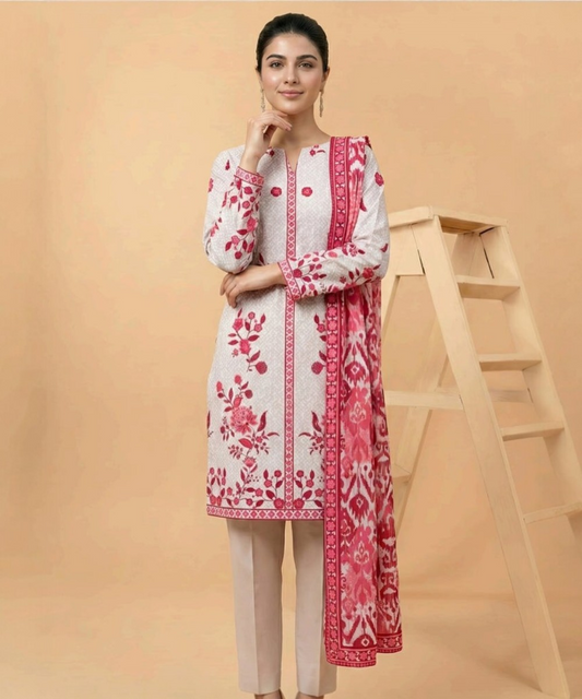 Motifz 3 Piece Printed Lawn – Elegant White Floral Suit