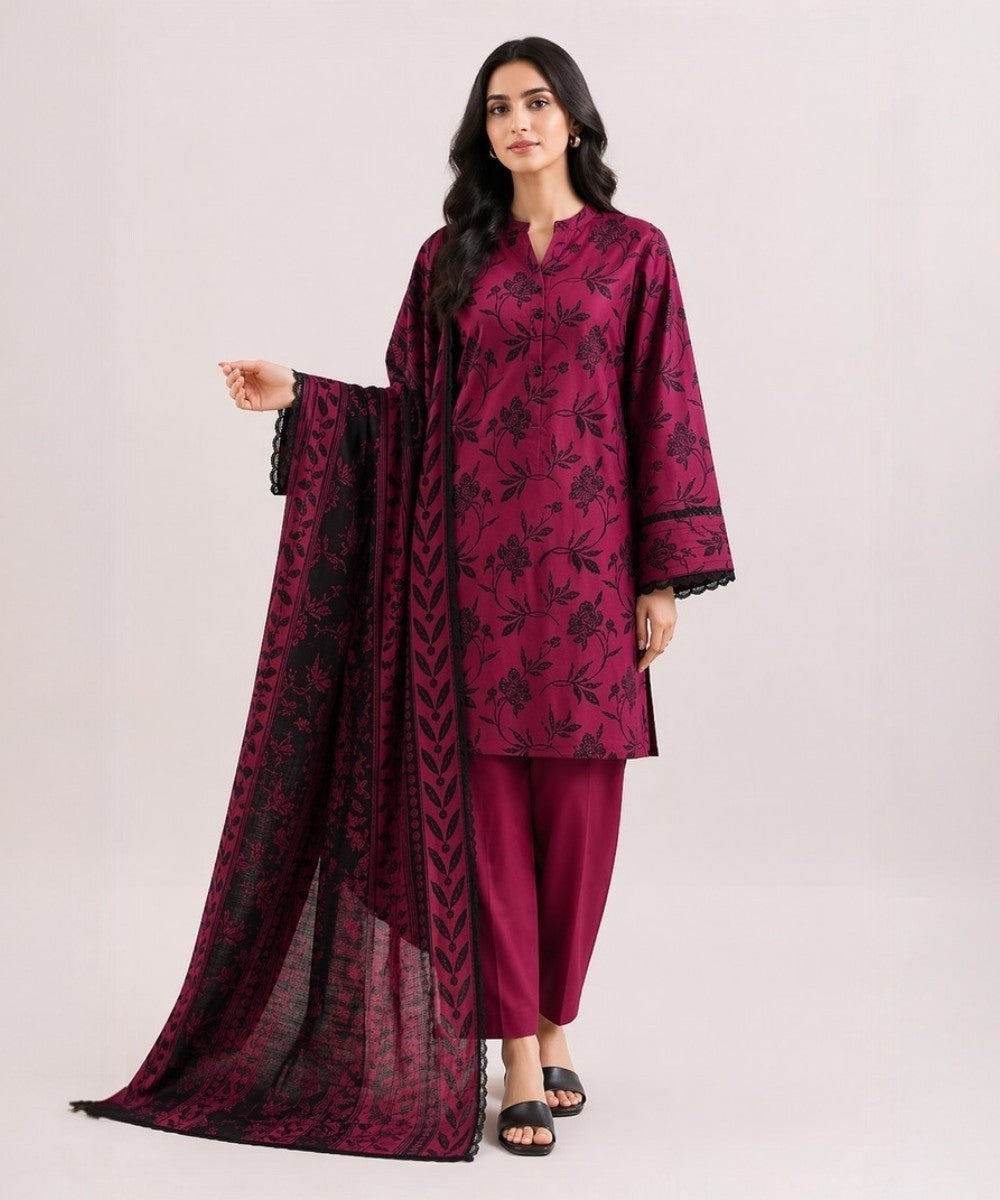 Saya Maroon 3 Piece Printed Lawn Suit