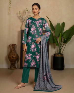 Elegant Floral Printed Lawn Suit in Emerald Green