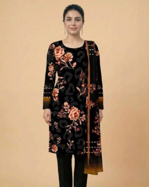 Motifz 3 Piece Printed Lawn – Elegant Black Floral Suit
