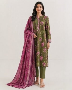 Saya Olive Bloom 3 Piece Printed Lawn Suit