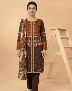 Motifz 3 Piece Printed Lawn – Elegant Brown Floral Suit